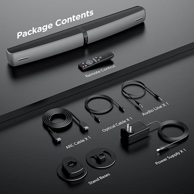 Sound Bar for Smart TV, 90W Soundbar with Bluetooth 5.3/ARC/Optical/AUX Connect, Auto Volume Boost, 3 Customizable Equalizer Modes, 2 in 1 Detachable Soundbar for TV/PC/Gaming/Projectors