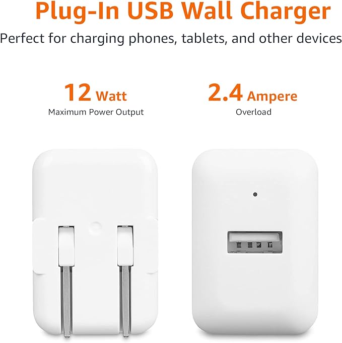 Amazon Basics 12W One-Port USB-A Wall Charger (2.4A), Portable, for Phones (iPhone 16/15/14/13/12/11/X, Samsung, and more), 2-Pack, White