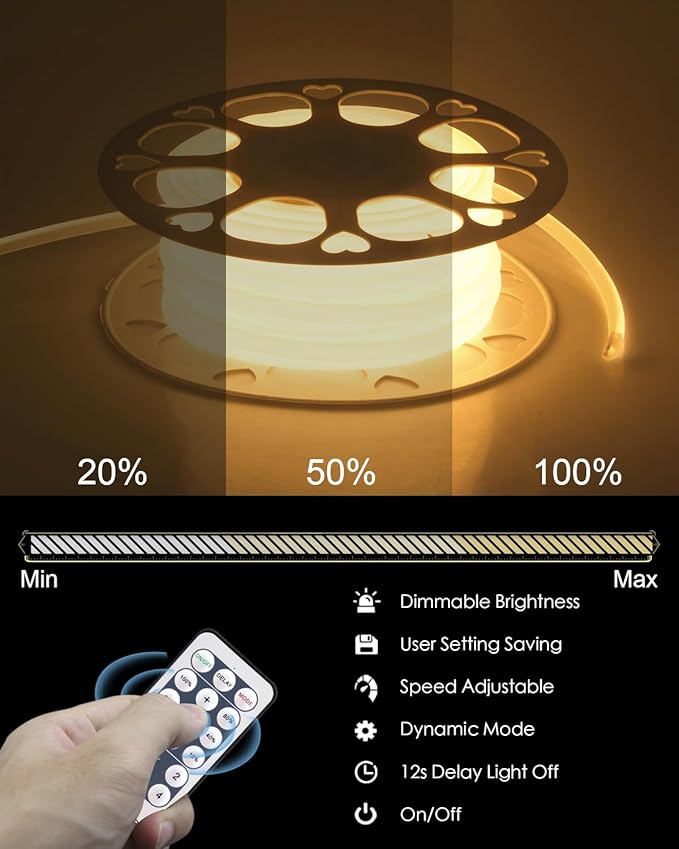 ALITOVE 120V 110V COB Led Strip Light Kit Dimmable Waterproof IP67 3000K 65.6ft Warm White LED Light Strips Outdoor 5760LEDs Super Bright Neon Rope Lights with Remote for Home Commercial Lighting