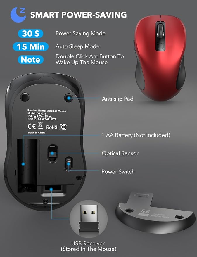 Trueque Wireless Mouse for Laptop, 2.4GHz Ergonomic Computer Mouse with Back & Forward Buttons, 3 Adjustable DPI Levels, 6 Buttons, Optical USB Cordless Mice for Windows PC, M01 (Red)