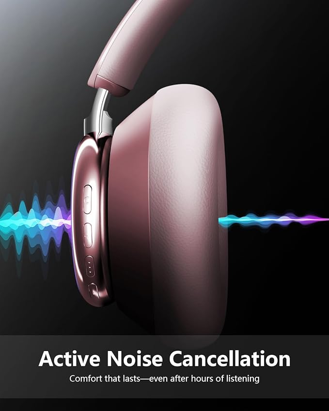Wentronic Y03 Bluetooth Headphones Wireless Active Noise Cancelling Over Ear Headphones 48 Hours Playtime High Sound Quality 6 EQ Music Mode Headphones with Soft Ear Cushion - Pink