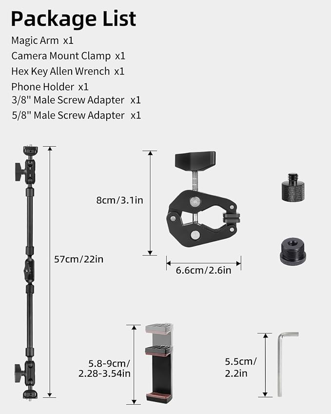22" Magic Arm w Clamp, Overhead Phone Mount, Desk Camera Mount w Articulating Friction Boom Arm Thread Adapter, for Phone Video Light Webcam Microphone Action Camera Content Creators