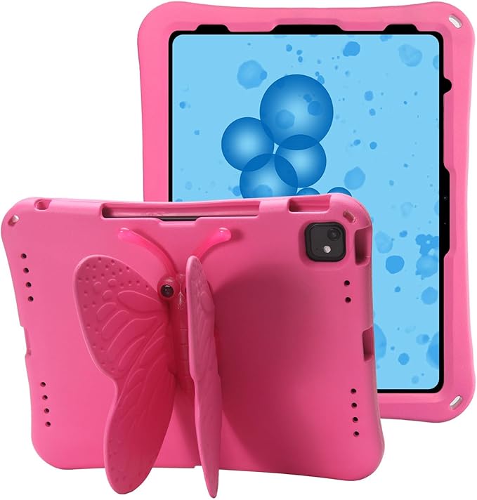 Butterfly Kids Case for iPad Air 13 Inch M3/M2 (2025/2024), iPad Pro 13 (M4) 2024, iPad Pro 12.9 (2022/2021/2020/2018), 3D Cartoon EVA Foam Shockproof Stand Cover for Girls - Magenta