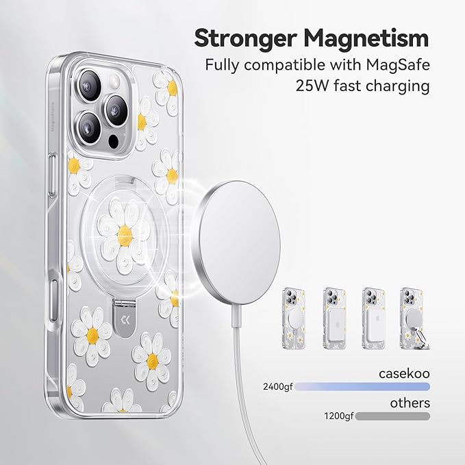 CASEKOO Floral Series Oil Painting Daisy for iPhone 16 Pro Max Case with Magnetic Ring Stand [Compatible with MagSafe] [Military-Grade Protection] Fashion Clear Back, Soft Edge, for Women