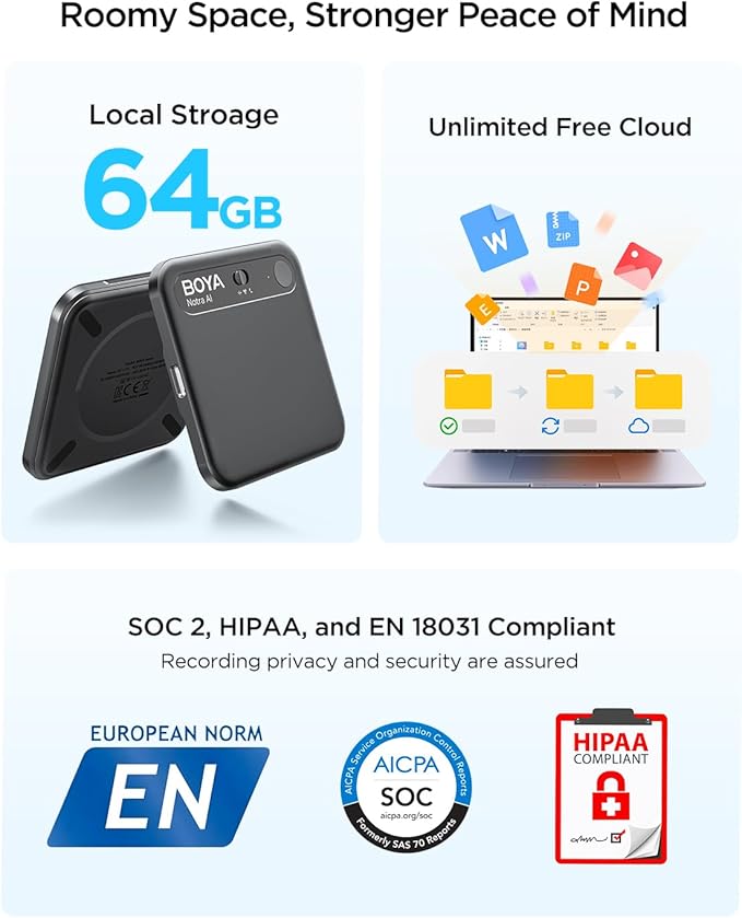 BOYA Notra AI Voice Recorder,3-Mode Capture -Ambient/Phone Call/Bluetooth, AI Transcription&Smart Summary, Support 140+ Languages, 64GB Storage, Magnetic Note Taker for Meetings,Lectures,Interviews