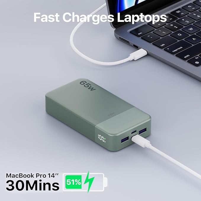 JUOVI Portable Charger 65W Power Bank 20000mAh Compact USB C Laptop Power Bank Fast Charging Battery Pack for Laptop MacBook Dell XPS iPad Tablet Steam Deck iPhone 17/16/15/14 Series Samsung and More