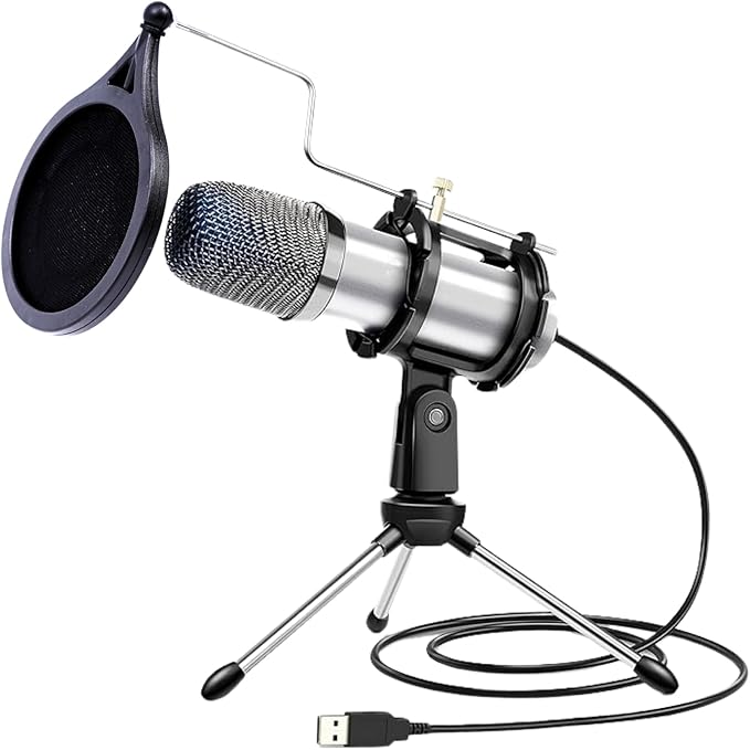 Omnidirectional Condenser Podcast Microphone for Computer - USB Microphone for PC - Gaming Mic for Streaming PC - Recording Mic for Singing w/Pop Filter, Shock Mount & Tripod - Music Studio Equipment