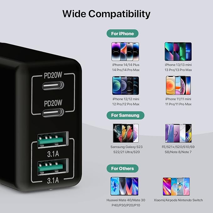 USB C Wall Charger, 40W 4-Port USB C Charger Block, Fast Charging Block Dual Port PD+QC Wall Plug Multiport Type C Compatible with iPhone 14/13/12/11/Pro Max/XS/XR/8/7, Tablet(Black)