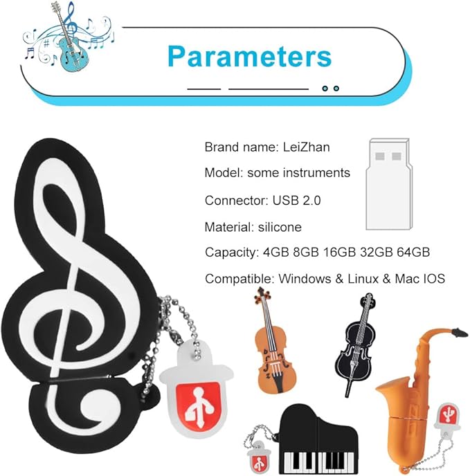 5 x 8GB Cute Music USB Flash Drive, Notes/Piano/Saxophone/Violin/Cello Shape Musical Instruments Thumb Drive Memory Stick Drive Pendrive Gift for Kids, Teacher, Friends