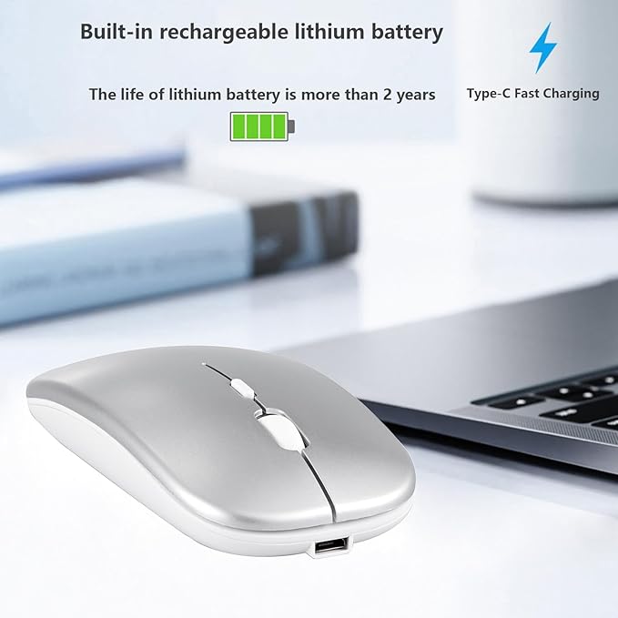 Wireless Bluetooth Mouse for Apple iPad iPhone MacBook Android Samsung Tablet Phone Dual-Mode Rechargeable 2.4G Portable Computer Mice for Windows Laptop Notebook PC Mac Desktop USB Receiver (Silver)