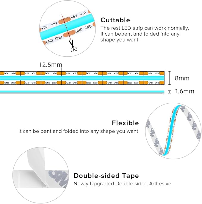 BTF-LIGHTING FCOB COB FOB LED Strip Lights 5V USB Powered 6.56FT 640LEDs Ice Blue 8mm Width Dimmable CRI 90+ with 3M Tape Flexible High Density for 3D Printer TV Backlight PC DIY Decor