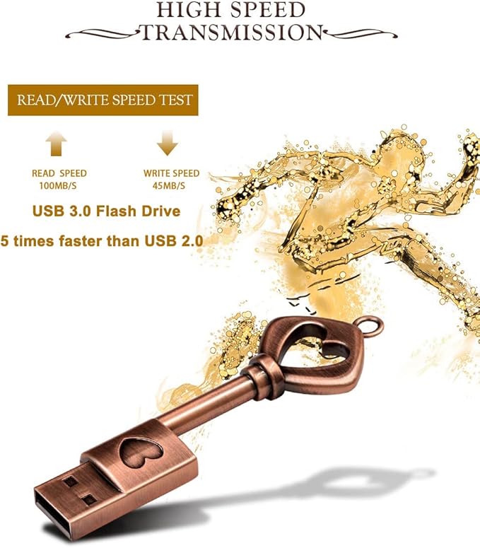 64GB USB 3.0 Flash Drive,Cute Key USB Flash Drive with Heart Shape,High Speed Up to 100MB/S Keychain exFat Thumb Drive Jump Drive Gift for Anniversary/Birthday/Photographer/Wedding
