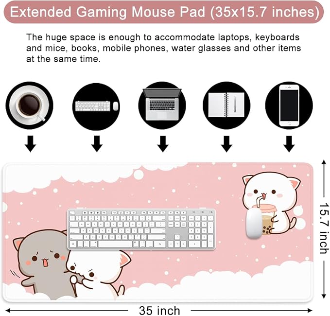 Pink Large Gaming Mouse Pad Cat Desk Pad XXL Cute Mouse Mat 35x15.7x0.12 inch Desk Accessories Kawaii Keyboard Pad (Pink -6)