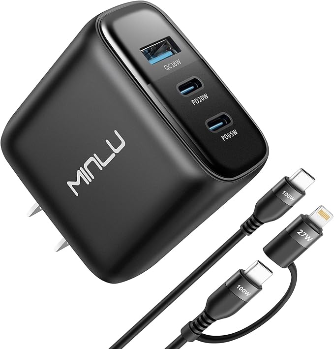 MINLU 65W USB C Charger Block,GaN 3-Port Compact Fast PPS Type C Wall Charger with 6Ft 100W 2 in 1 USB-C/L Cable,Fast Charging for MacBook Pro/Air,iPad,iPhone 17/16/15 and More Series,Galaxy S24 UItra