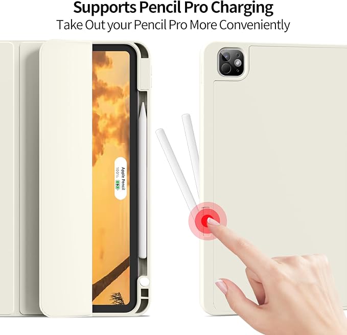 for iPad Pro 12.9 Case (6th/5th/4th/3rd Generation 2022/2021/2020) & ipad Air 13 inch case (M3 2025/M2 2024) with Pencil Holder, Smart Slim Trifold Stand Case with Soft TPU Back (Cream White)