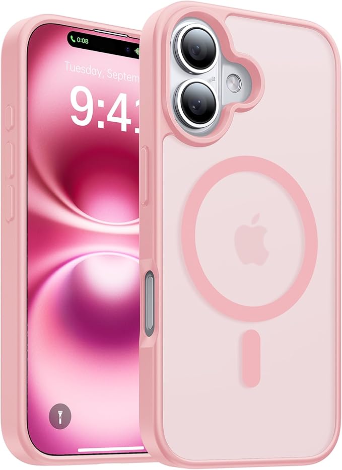 Magnetic for iPhone 16 Case, [Compatible with MagSafe][Military-Grade Drop Protection][Anti-Yellowing] Shockproof Protective Translucent Matte Cover for iPhone 16 Phone Case,Pink