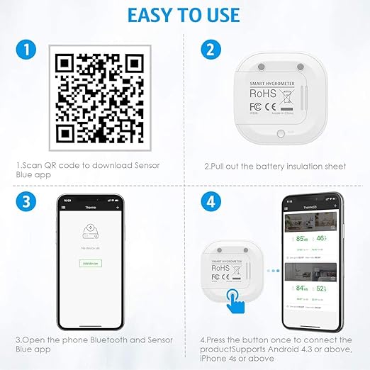 Wireless Thermometer Hygrometer for iPhone/Android, Smart Bluetooth Humidity Temperature Sensor with Alarm and Data Storage for Green House Guitar Camera Storage Humidor Incubator Monitor