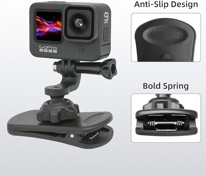 Backpack Strap Clip Mount, 360° Rotation Backpack Clamp Mount Compatible with Gopro Hero 13/12/11/10/9/8 Black, Session, DJI Osmo Action 6/5Pro/4/3 and Most Action Cameras (BC-2)