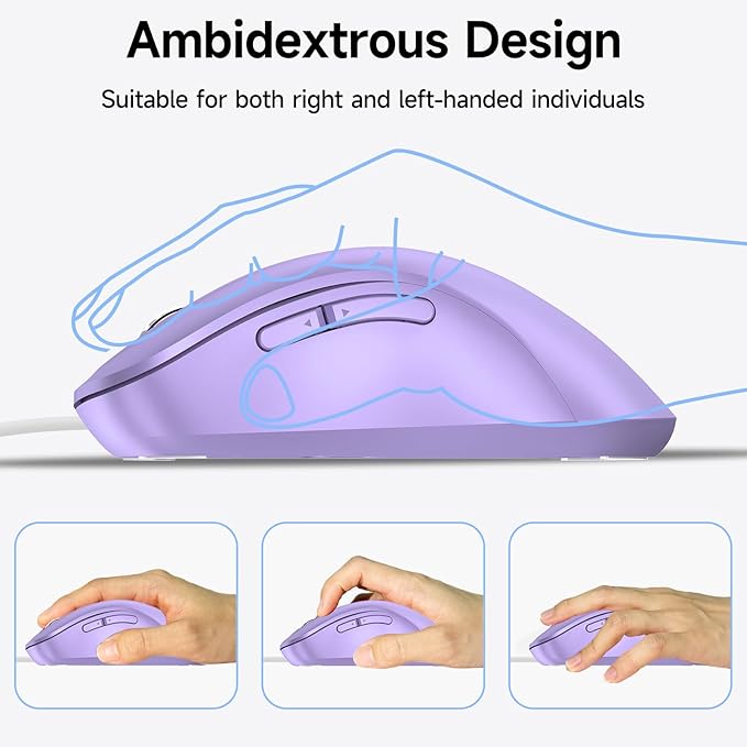 memzuoix Wired Mouse, USB Computer Mouse 1400 DPI Mobile Optical Mouse Ergonomic Design Computer Mice with 5FT Cord for Laptop, PC, Desktop, MacBook, 5 Buttons (Lilac)