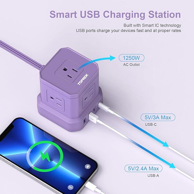 TOPREK Power Strip with USB, 10 FT Flat Extension Cord with 5 Outlets, 2 USB-C & 2 USB-A, Compact Desk Charging Station for Home Office, Dorm, Hotel, Travel, 700J Surge Protection