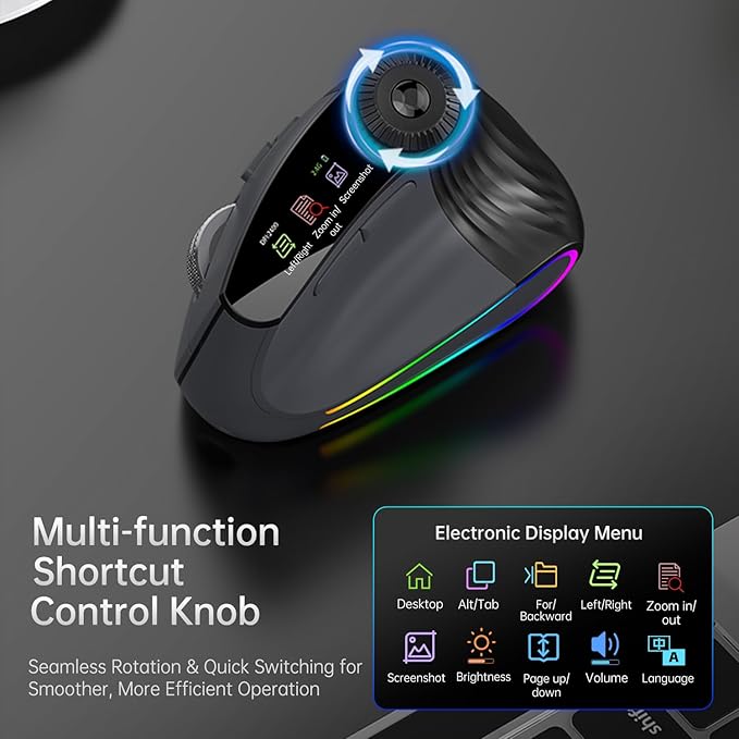 Ergonomic Vertical Mouse Wireless, Rechargeable Bluetooth Ultra-Fast Scrolling 4800 DPI Ergo Mouse, 2.4G Quiet Clicks 6 Buttons RGB Optical Mice, 3 Multi-Device Connectivity for Mac, Laptop