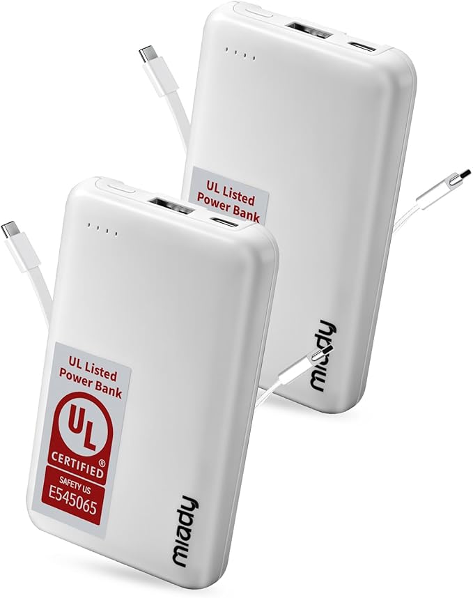 Miady 2-Pack UL Listed Small Portable Charger, 5000mAh Slim Power Bank Built-in 2 Cables Compatible with iPhone 17/16/15/14/13 Galaxy S24/S22 etc (2 White)