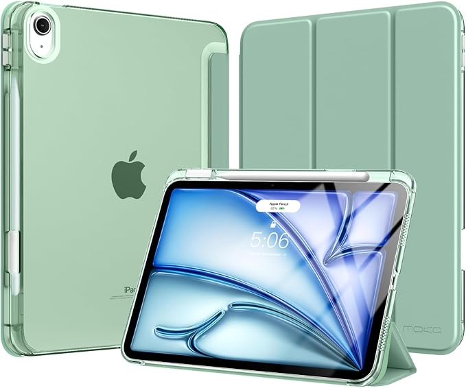 MoKo for iPad Air 11 inch Case (M4/M3/M2) 2026/2025/2024, iPad Air 5th/4th Gen 10.9 inch Case 2022/2020 with Pencil Holder, Slim Light Trifold Cover with Hard PC Translucent Back Shell, Agave Green