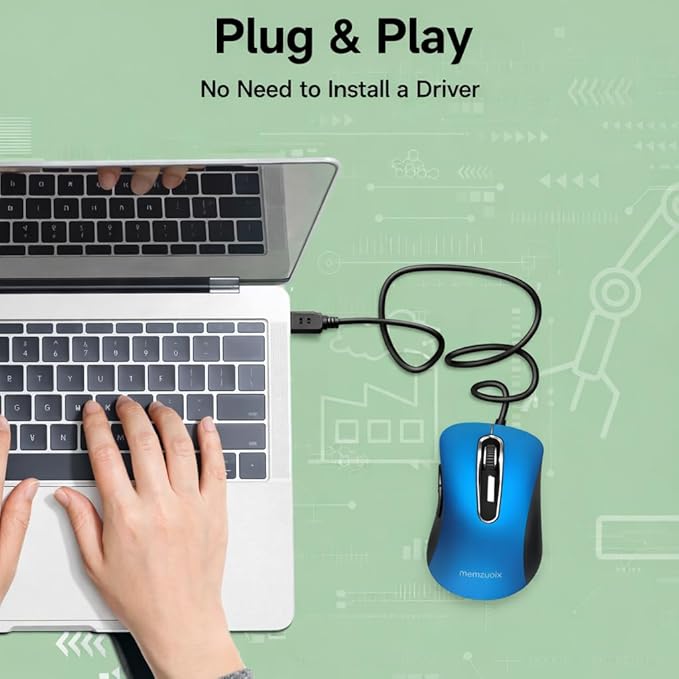 memzuoix Wired Mouse, USB Computer Mouse 1400 DPI Mobile Optical Mouse Ergonomic Design Computer Mice with 5FT Cord for Laptop, PC, Desktop, MacBook, 5 Buttons (Blue)