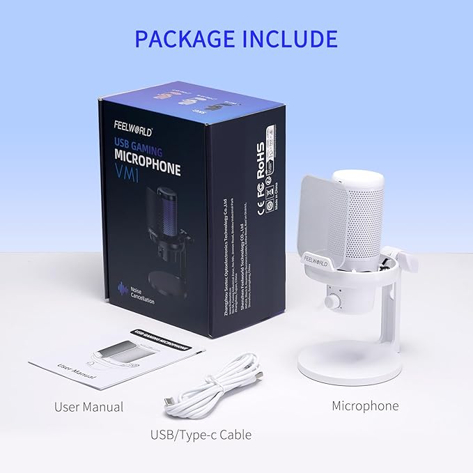 FEELWORLD VM1 White Gaming PC USB Microphone Condenser Mic with Noise Cancellation Mute RGB Light, Computer Accessories Gifts for Gamer YouTube Twitch Podcast Streaming Recording Online Chat PS4 PS5