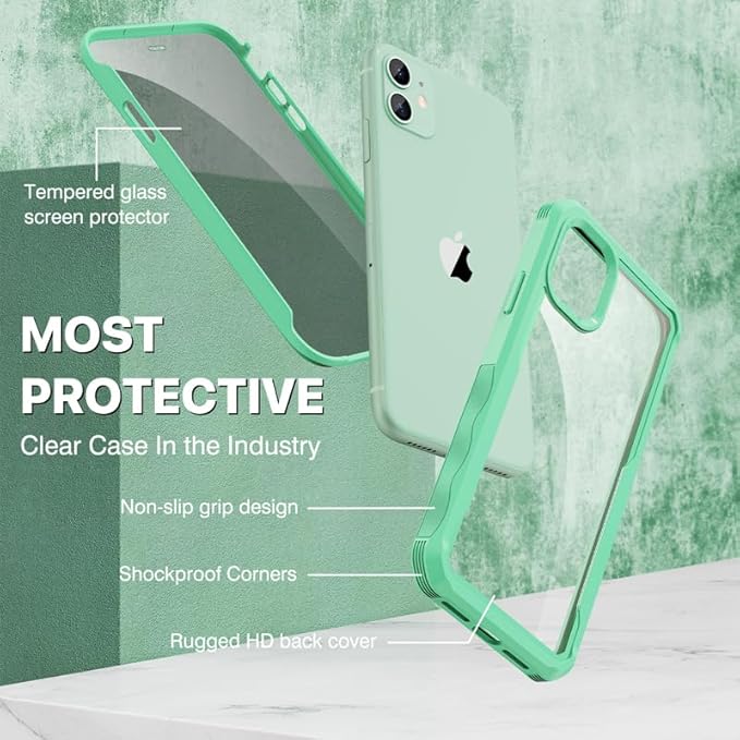 CENHUFO Privacy for iPhone 11 Case, Full Body Phone Case with Built-in 9H Tempered Glass Privacy Screen Protector and Camera Lens Protector, Anti Peep Spy Shockproof Bumper Clear Cover - Green