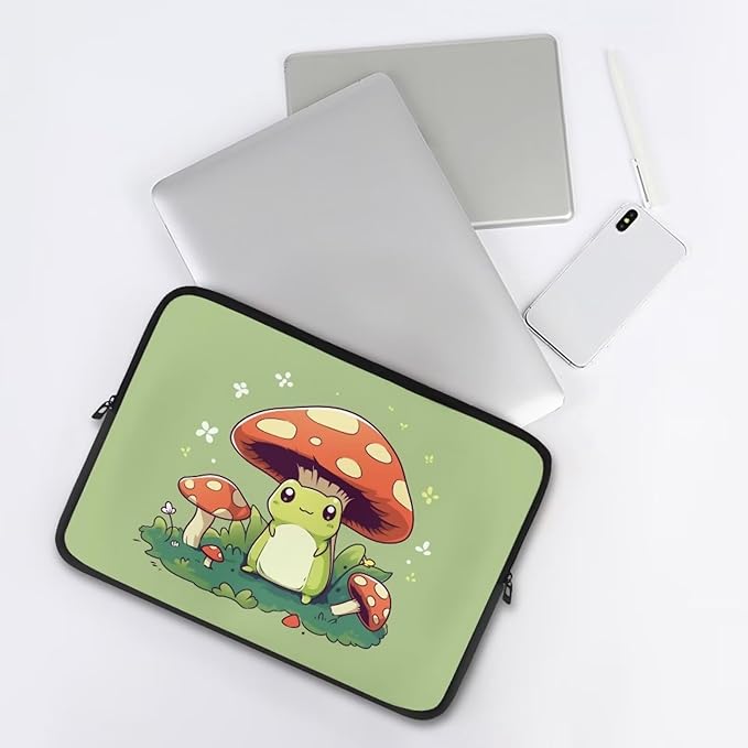 Cute Frog Laptop Protective Sleeve for Women Men 15 Inch Computer Sleeve Neoprene Laptop Bag Mushroom Lap Top Case Suitable for Travel School Office Organizers Green