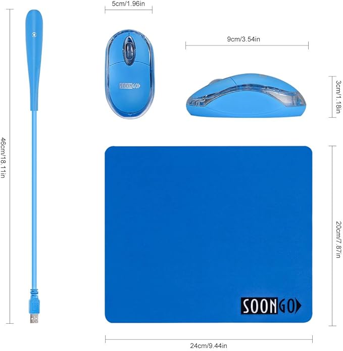 SOON GO Mini Mouse with Pad+USB LED Light 3 in 1 Gift Combo Kids Mice for Laptop Home Office Travel Blue
