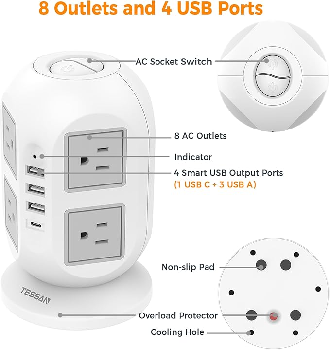TESSAN Tower Surge Protector Power Strip 15 ft, Long Flat Extension Cord with Multiple Outlets, 8 AC Outlets with 4 USB Ports (1 USB C), Charging Station with Surge Protection, for Home Office Dorm