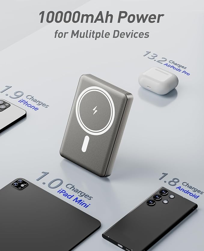 BBD 10000mAh Magsafe Portable Charger,Magnetic Power Bank Fast Charging PD 20w with USB C Cable,Slim Magsafe Battery Pack Travel Essential,Wireless Power Bank for iPhone 17/16/15/14/13/12 Series-Grey
