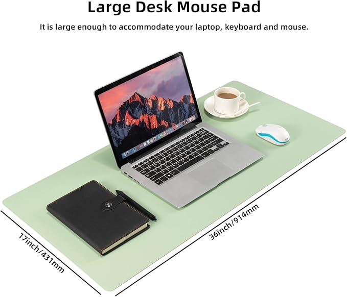 Wolaile PU Leather Desk Pad,36x17 in Large Computer Desk Mat,Waterproof Non-Slip Desk Blotter Protector,Light Green Big Keyboard Mouse Pad
