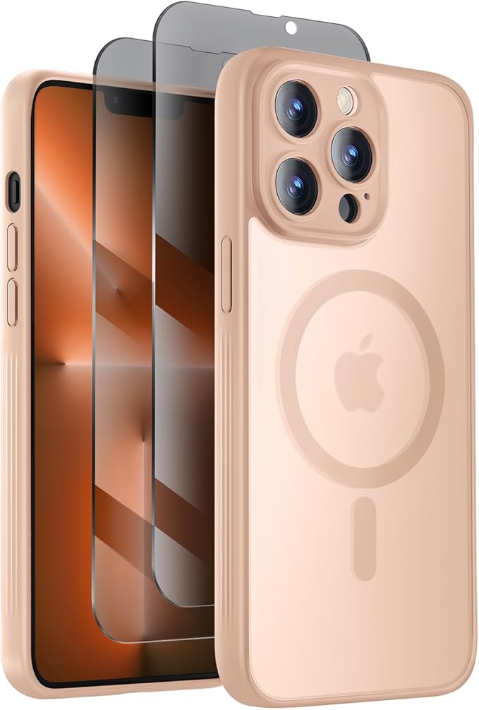Symcele Designed for iPhone 13 Pro Case, Compatible with MagSafe, with Privacy Screen Protectors X2, [Camera Protection] [15FT Military Drop Protection] Shockproof Phone Case, 6.1", Light Brown
