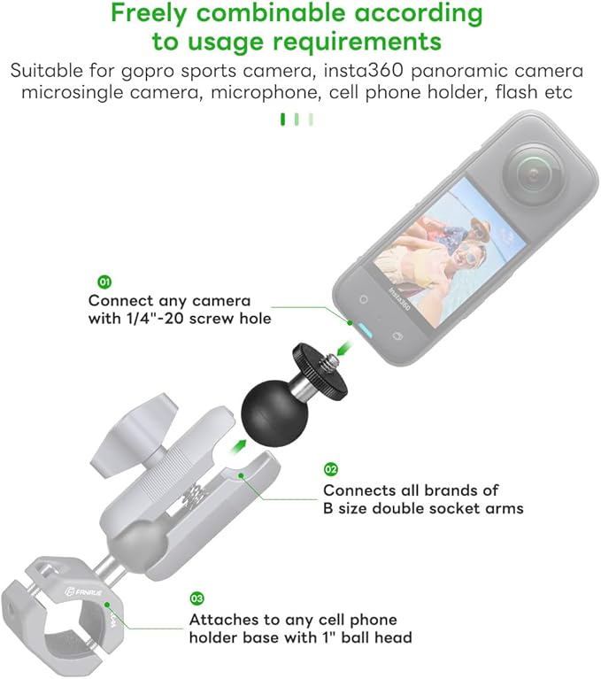 FANAUE GB-02 Aluminum 1" Ball Adapter with 1/4"-20 Threaded Stud for Action Camera, Compatible with RAM Mount B Size Socket Arm Phone Holder Motorcycle Riding Photography Sports
