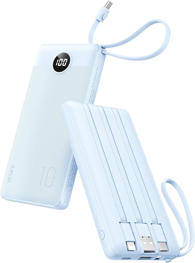 VRURC Portable Charger for iPhone, Built in Cables & Lanyard Power Bank 10000mAh, Compact USB C Charging Bank 5 Outputs for Multi Devices,Travel Essential for Hiking Camping Business Cruise Ship-Blue