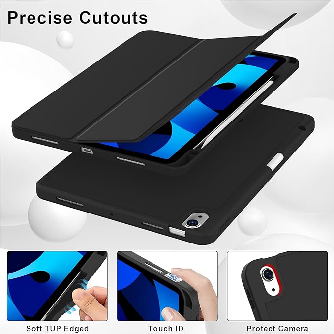 Case for iPad Air 11-Inch M4/M3/M2 2026/2025/2024, iPad Air 5/4 (2022/2020 5th/4th Generation 10.9-Inch) with Pencil Holder, Slim Stand Soft Back Support Touch ID, Auto Wake/Sleep, Black