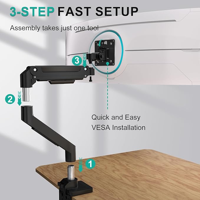 WALI Ultrawide Single Monitor Arm for 13-49 Inch Heavy Duty Curved Screens, up to 44 Lbs, Adjustable Single Monitor Desk Mount with C-Clamp, Grommet Base, 75/100mm VESA (GSM001XL), Black