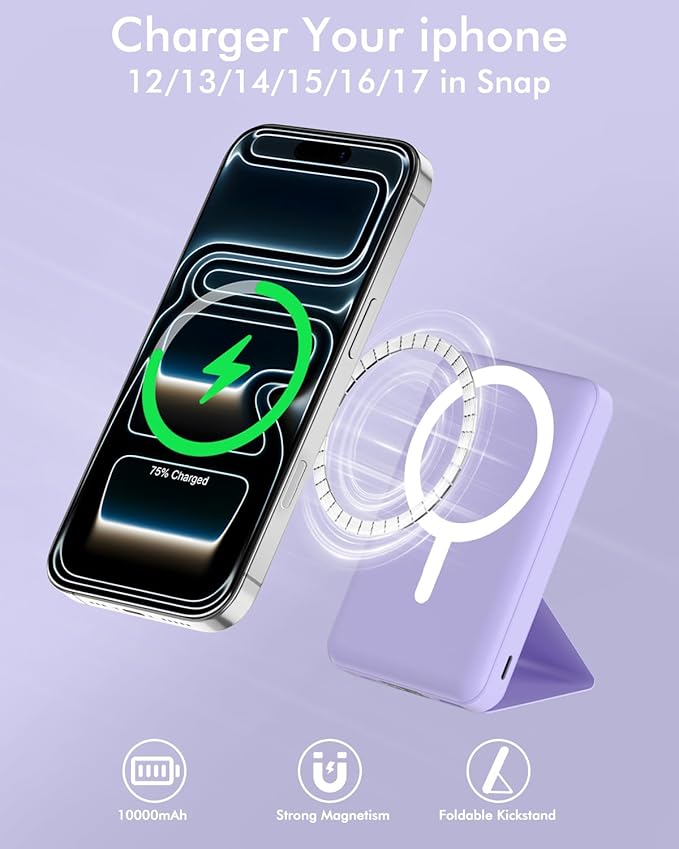 podoru for Magsafe Battery Pack, Foldable 10000mAh Magnetic Power Bank with USB-C Cable LED Display 22.5W PD Fast Charging Wireless Portable Charger for iPhone 17/16/15/14/13/12 Series-Light Purple