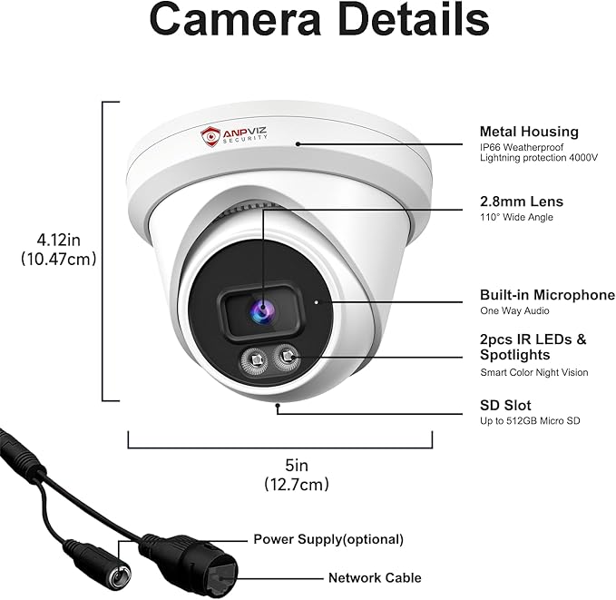 Anpviz 8MP PoE IP Camera, Built-in Mic, 512GB SD Slot, Security 4K Turret IP Camera Outdoor Indoor, Smart Color Night Vision 100ft, Human & Vehicle Detection, NDAA Compliant (U Series)