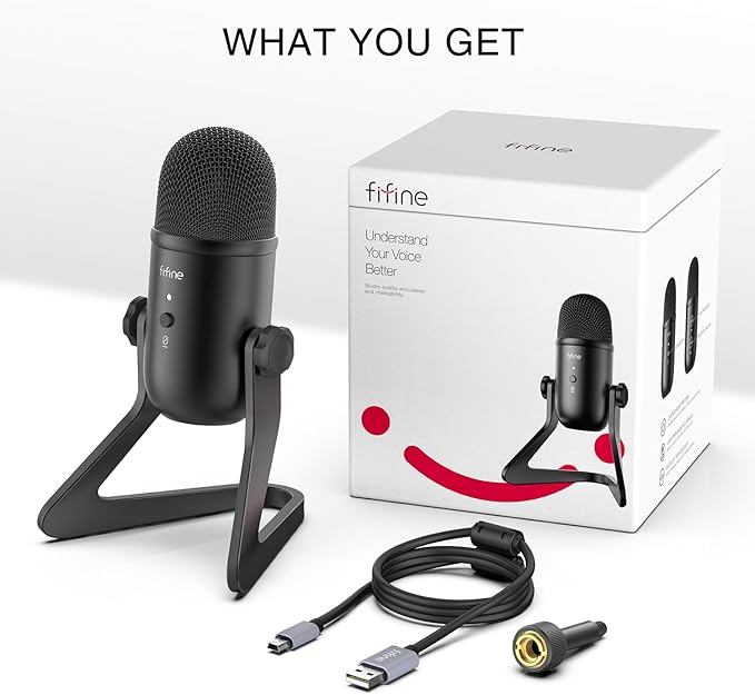 FIFINE USB Podcast Microphone for Recording Streaming, Condenser Computer Gaming Mic for PC Mac, Headphone Output&Volume Control, Mic Gain Control, Mute Button for Vocal, YouTube (K678)
