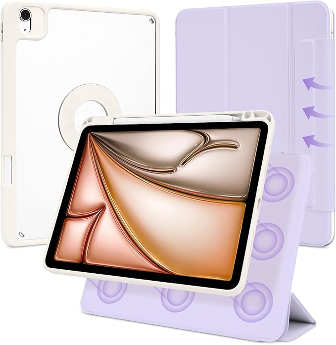 Case for iPad Air 13 Inch M4/M3/M2 2026/2025/2024, iPad Pro 12.9" 6th/5th Gen. 2022/2021 with Pencil Holder, Vertical Stand, Detachable Magnetic Trifold Stand Case,Auto Wake/Sleep,Lilac+White