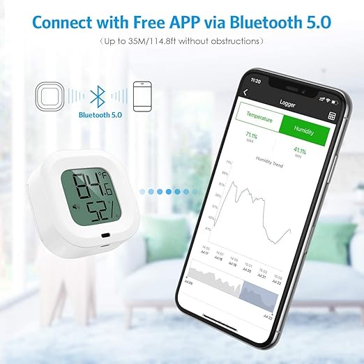 Wireless Thermometer Hygrometer for iPhone/Android, Smart Bluetooth Humidity Temperature Sensor with Alarm and Data Storage for Green House Guitar Camera Storage Humidor Incubator Monitor