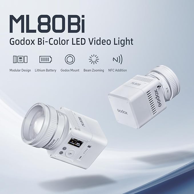 Godox ML80Bi COB Video Light w/95Wh Detachable Battery, Brighter Bi-Color Led Video Light 29600lux@5600K 1m, CRI 96, 2800K-6500K,11FX, Dimming 0%~100%, Portable Continuous Output Lighting Photography