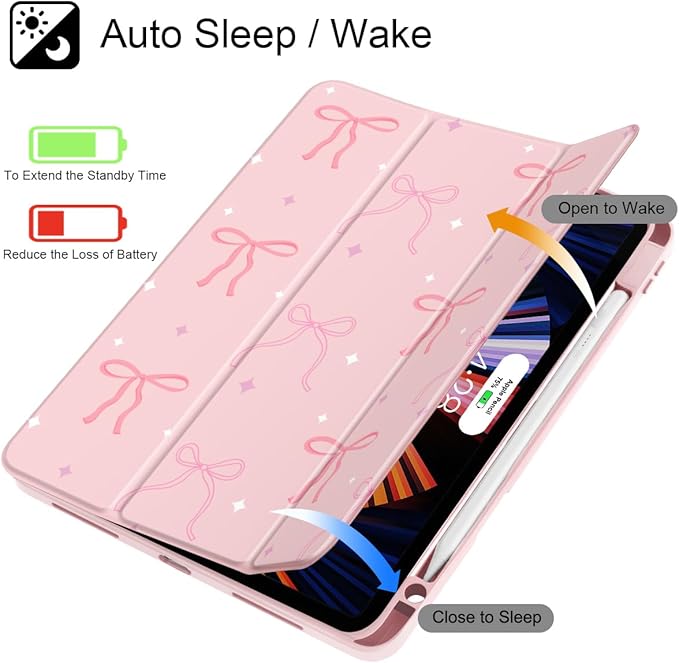 Tuiklol for iPad Pro 11 Inch 4th / 3rd / 2nd / 1st Gen (2022 2021 2020 2018) Case -Built-in Pencil Holder Shockproof Cover Clear Transparent Back Shell with Auto Wake/Sleep, Pink Bows