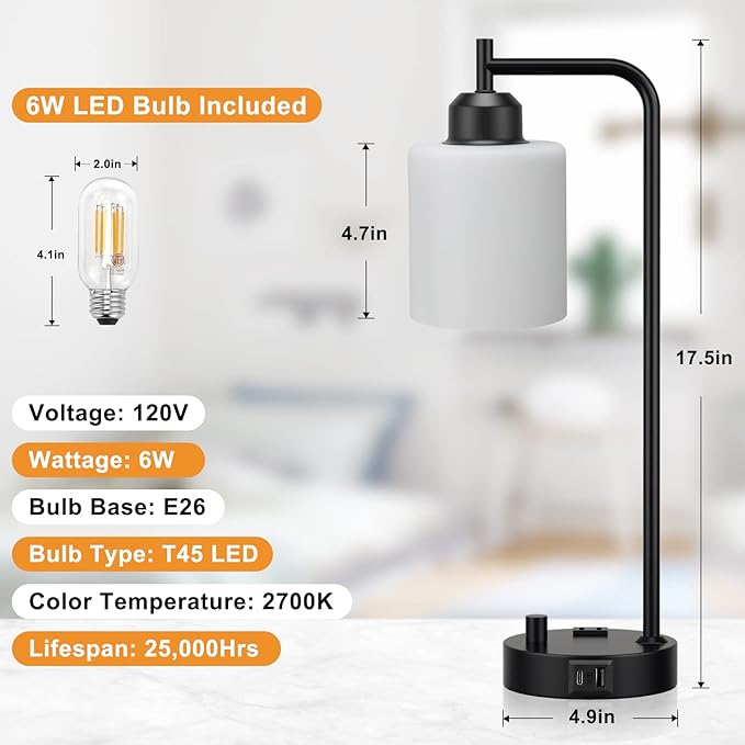 Industrial Bedroom Table Lamps for Bedside - White Opal Glass Shade Desk Lamps with USB C Port, Fully Dimmable Black Lamps with USB Port and Outlet, Reading Nightstand Lamp for Office Living Room