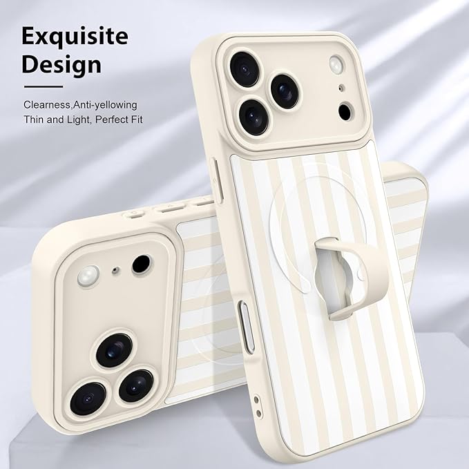 KANGHAR Compatible with iPhone 17 Pro Max Case, Support for MagSafe, Silicone Stripes Cute Pattern, Wristband Kickstand Camera Protection Soft Slim Cover for Girls Women -White