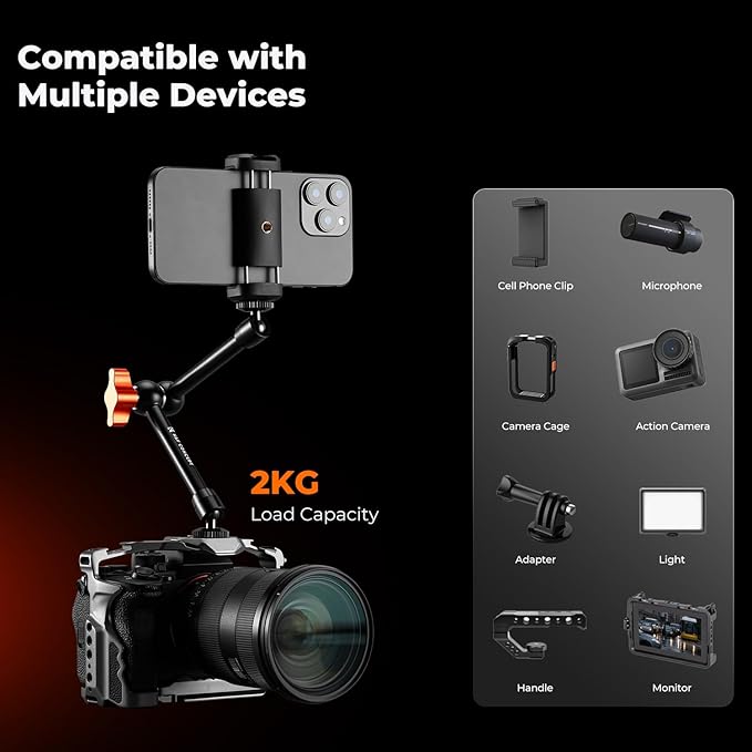 K&F CONCEPT 9.8" Magic Arm Clamp with Phone Holder, 360° Ball Heads Camera Arm Mount for Phone/LED Lights/Monitor/Flash/Microphone/DSLR Camera
